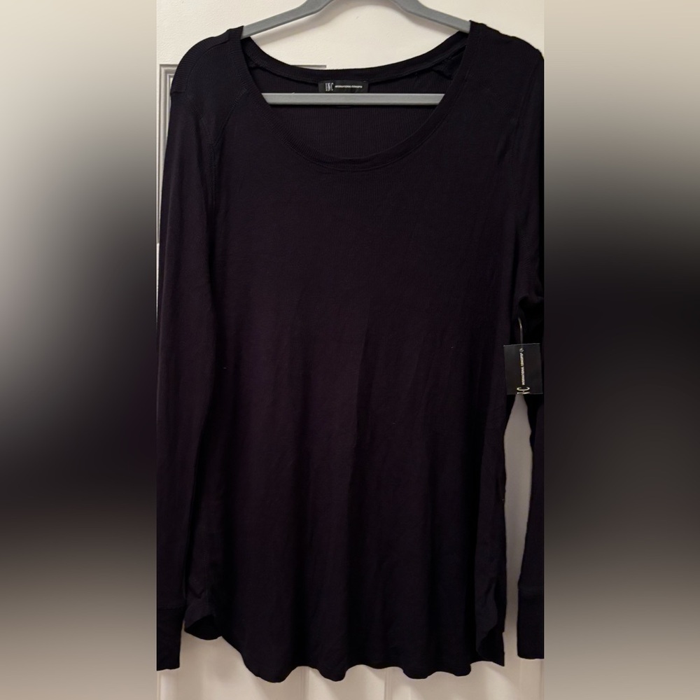 INC International Core Black Ribbed Top round Hem Top